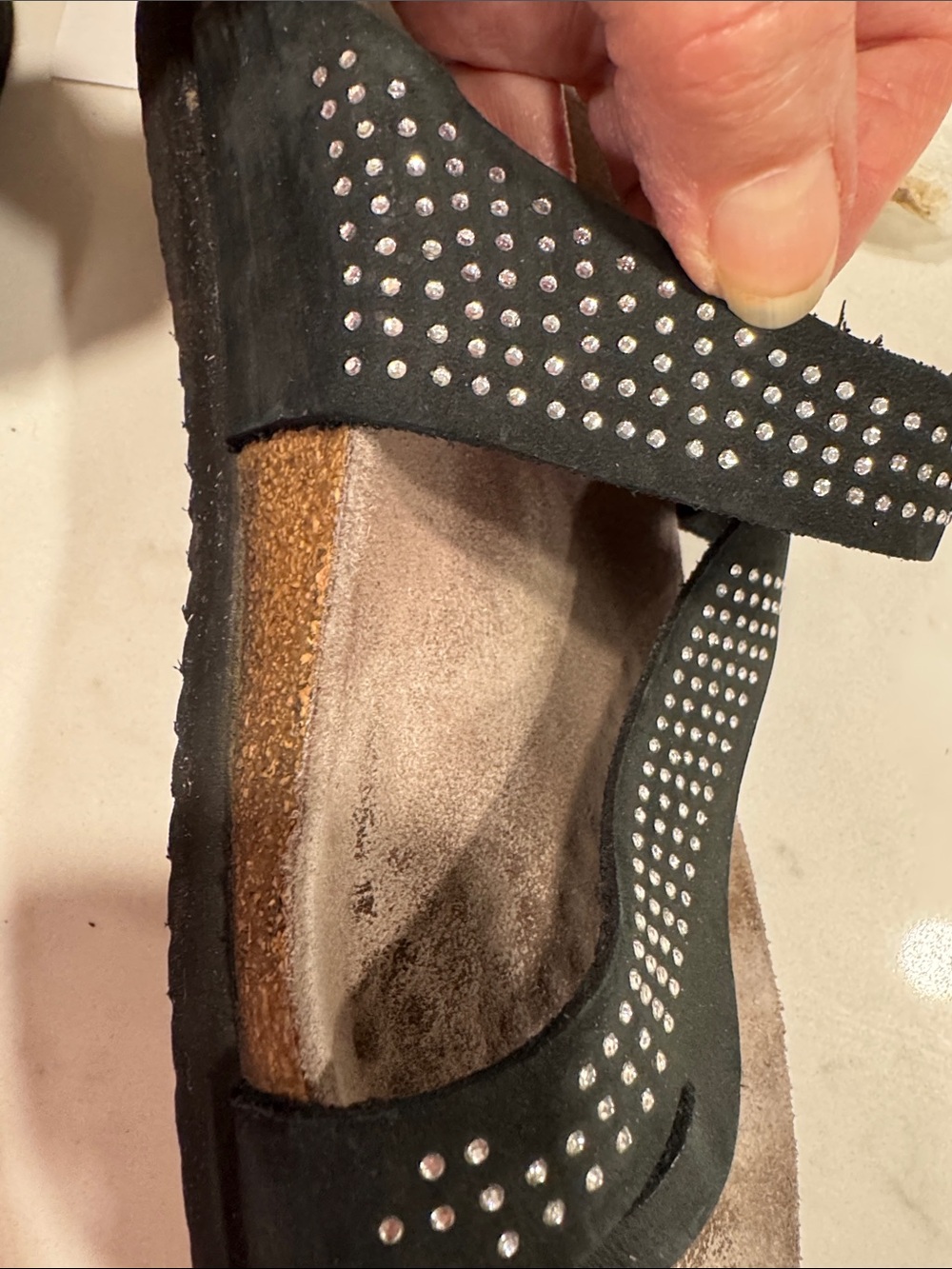 MEPHISTO “Helena Spark” black nubuck slide sandals, rhinestones on straps, 8 - Picture 14 of 16